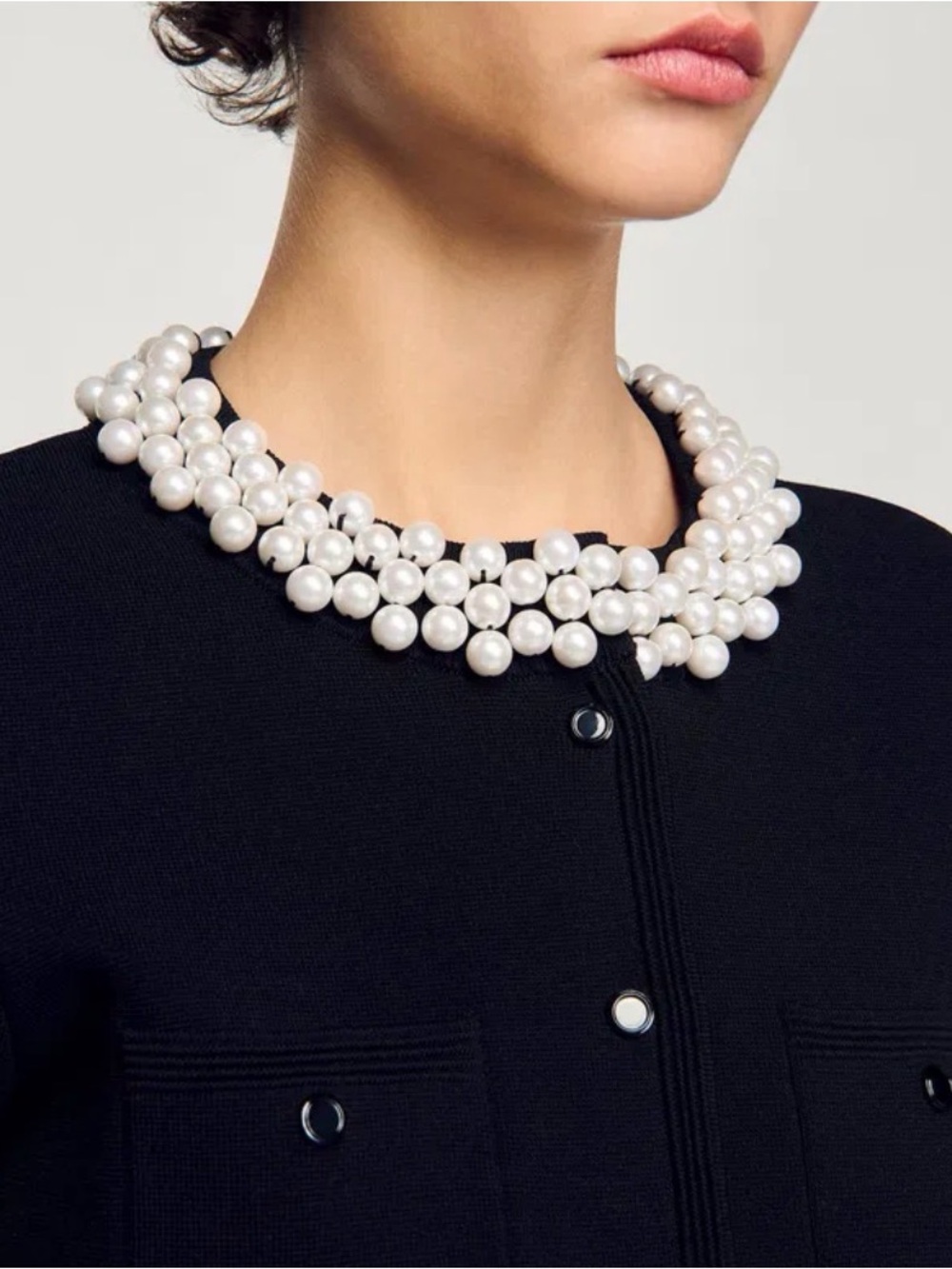 Sandro Black Cardigan with Pearl Collar - Picture 2 of 4
